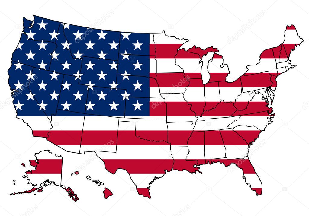 Map of states borders of USA and American flag on it isolated