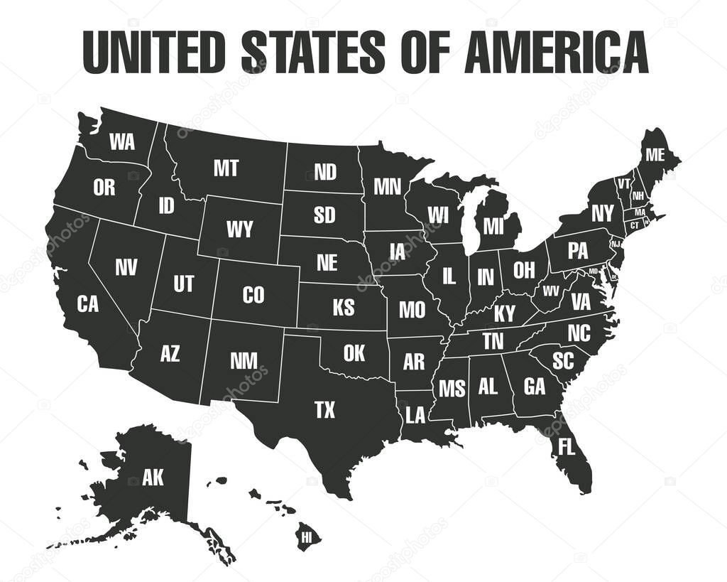 Map of states borders of USA or America isolated