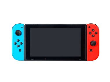 Milan, İtalya-Mart 2021: Nintendo Anahtarı Oyun Konsolu ön görünümü beyaz ekranda izole edildi. Arkadaşlarla ve aileyle eğlenmek için ideal..