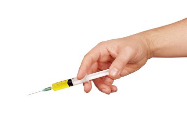 İnsan erkek. Doktorun ya da veterinerin elinde şırınga bulunan eli. Aşı, ilaç ya da beyaza izole edilmiş ilaç enjekte edecek.