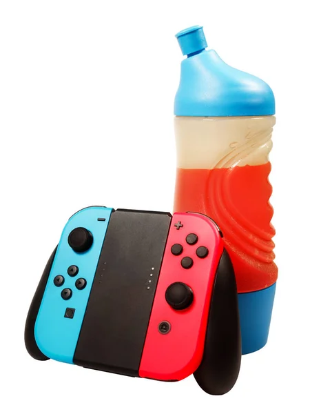 Energy Drink Controller Console Videogame Gamer Isolato Bianco Bevanda Massimizzare — Foto Stock