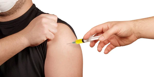 Hombre Que Recibe Vacuna Medicamento Vacunación Jeringa Inyección Prevención Inmunización — Foto de Stock