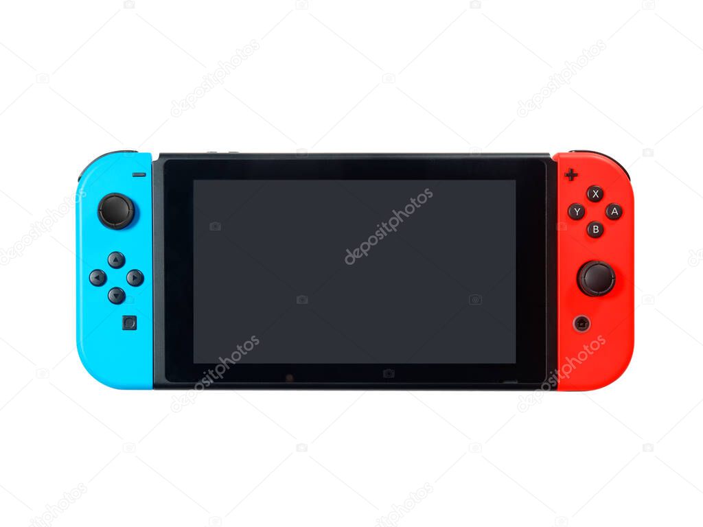 Milan, Italy-March 2021: View of Nintendo Switch Game Console front view blank screen isolated on white. Ideal for having fun with friends and family.