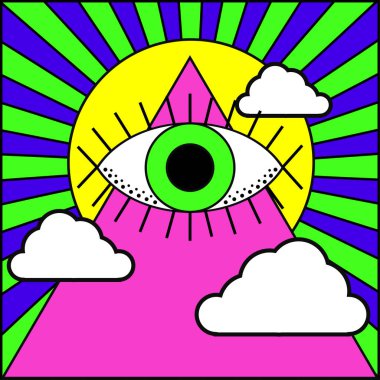 İnsan sembolleri kolaj çağdaş sanat sürrealizm asit renkleri hipnotik arka plan üzerinde