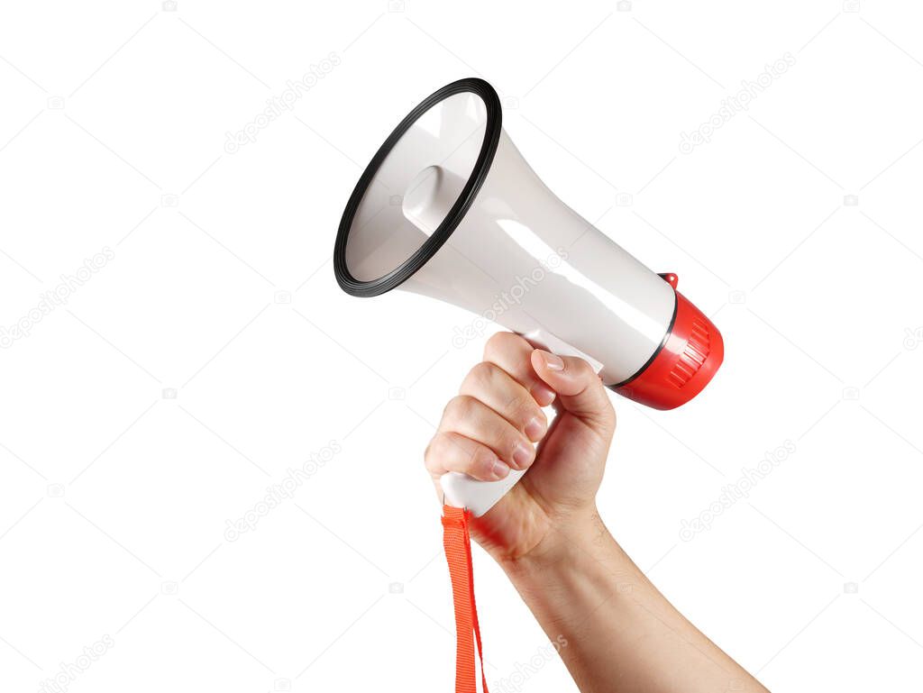Male Hand holding megaphone over isolated white background to get attention for an announcement