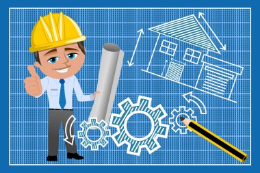 Mimar veya teknik plan üzerinde çizim karşı başparmak ile mühendislik