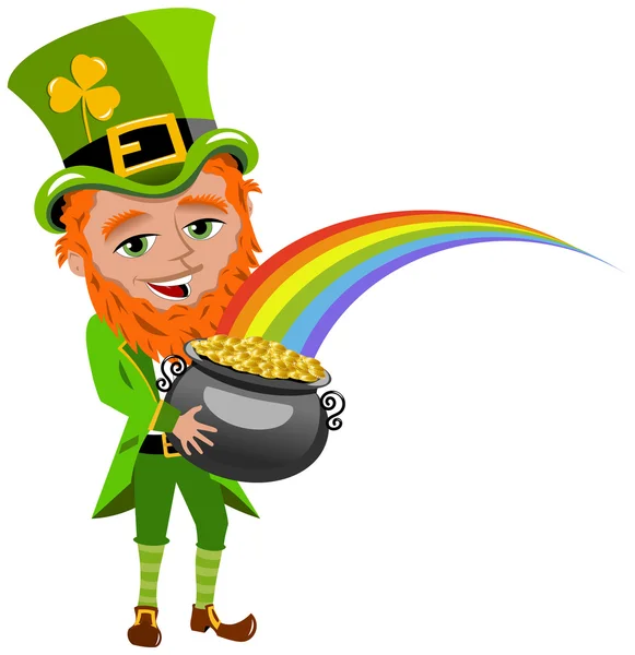 Saint Patricks Day Leprechaun Holding Pot of Gold Isolated — Stock Vector