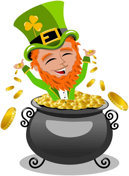 Saint Patricks dag Leprechaun binnen Pot met goud geïsoleerd — Stockvector