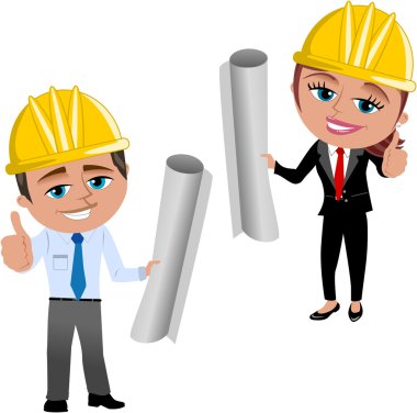 Kadın ve adam mimar ya da mühendis ile izole başparmak yukarı