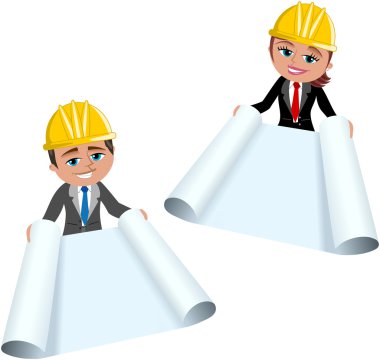 Kadın ve adam mimar ya da izole blueprint gösterilen