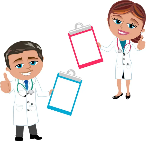 Mujer y hombre médico mostrando carpeta — Vector de stock