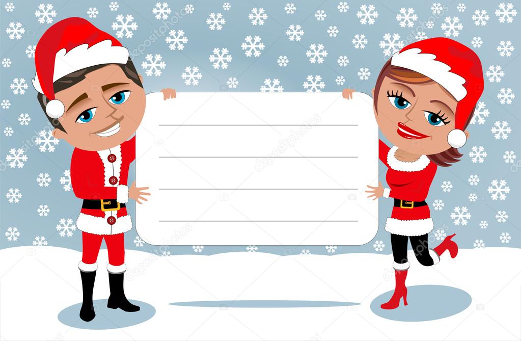 Couple in Santa Claus costume holding white blank card in the snow