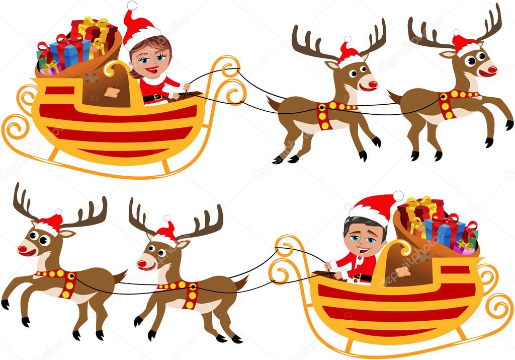 Man and Woman in Santa Claus clothing costume driving Christmas sled or sleigh isolated