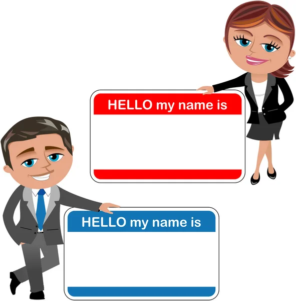 Επιχειρηματίαs γυναίκα και επιχειρηματίας δείχνει μεγάλο Γεια το όνομά μου είναι απομονωμένη κάρτα — Διανυσματικό Αρχείο
