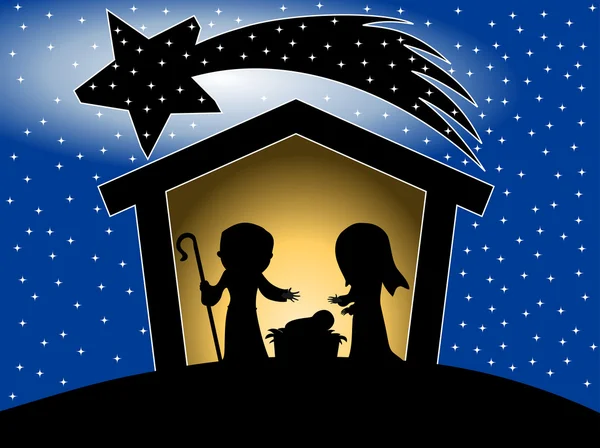 Σκηνή nativity Χριστουγέννων έναστρο ουρανό φόντο — Διανυσματικό Αρχείο