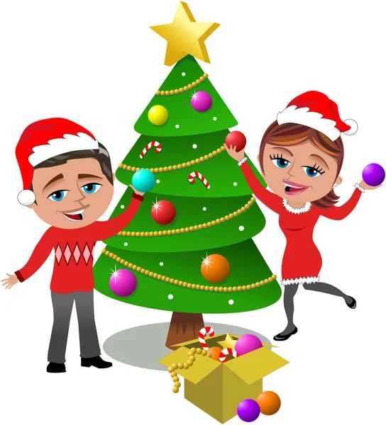 Uomo e donna decorazione albero di Natale isolato — Vettoriale Stock