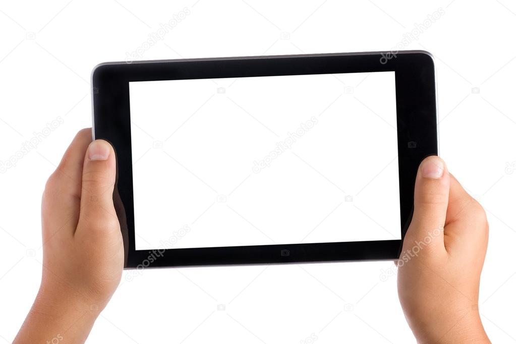 Kid Hands Holding Tablet Pc Isolated