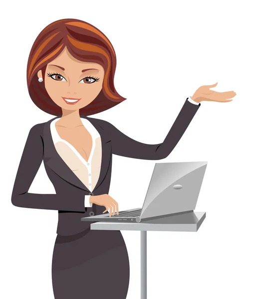 Business woman making presentation with laptop isolated — стоковый вектор