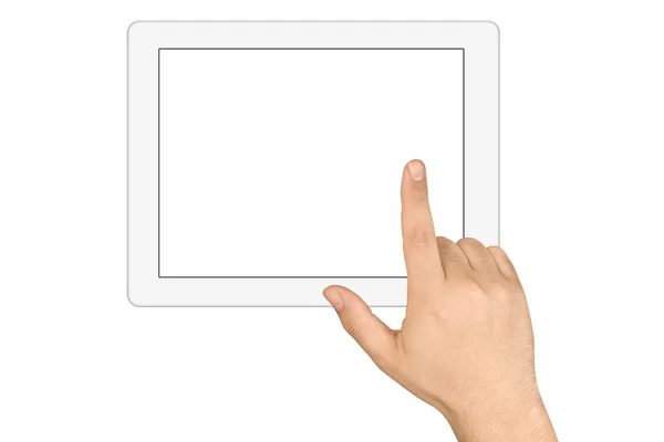 Hand touching  blank white screen of tablet pc isolated — Zdjęcie stockowe