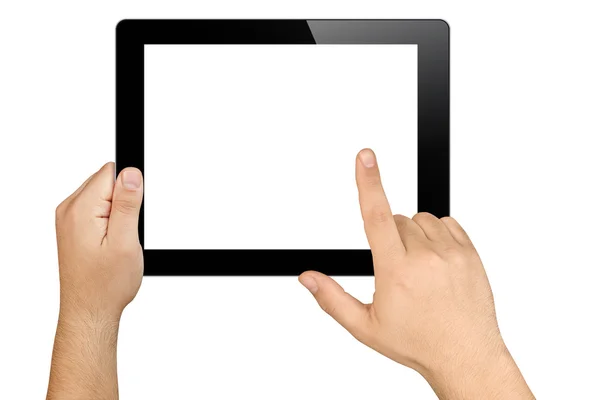 Hände arbeiten mit schwarzem Tablet-PC mit leerem weißen Bildschirm isoliert — Stockfoto
