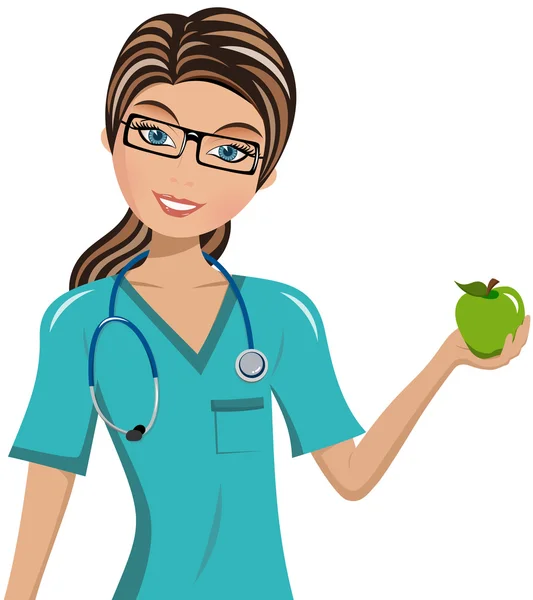 Mujer Médico Cirujano celebración de Apple — Vector de stock