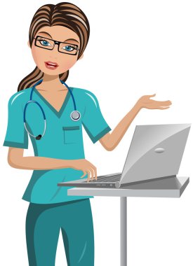 Kadın doktor konuşma ve sunum yapma izole dizüstü bilgisayar ile