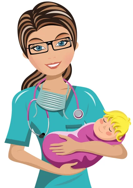 Woman Doctor Surgeon Holding newborn Isolated — Stock Vector