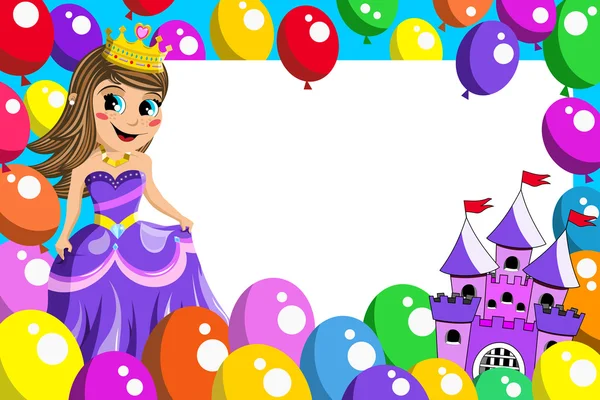 Marco con lindo castillo de hadas princesa y globos — Vector de stock