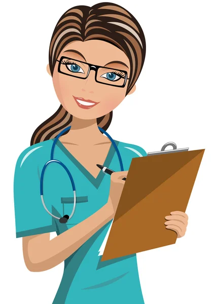 Mujer Doctor Escribiendo en portapapeles aislado — Vector de stock