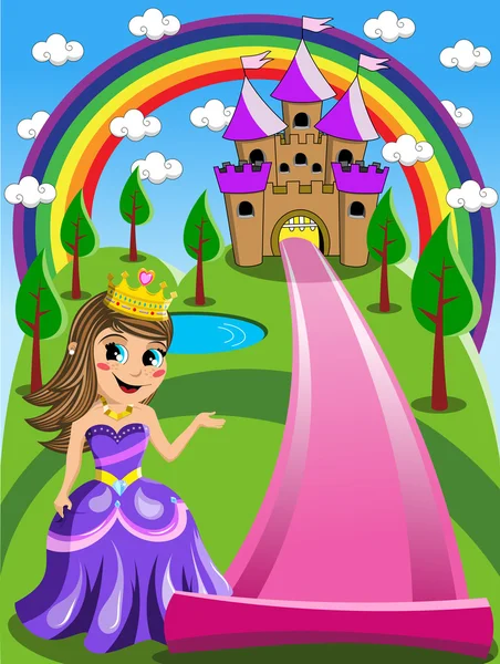 Cute kid princess inviting you to enter into the castle on long pink carpet — Stock Vector