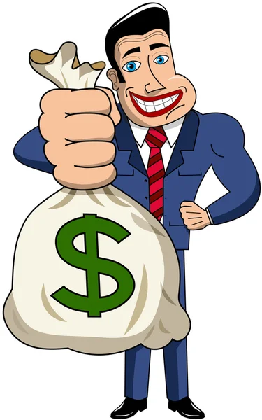 Caricatura sonriente empresario sosteniendo gran saco de dinero aislado — Vector de stock