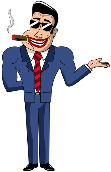 Homme d'affaires de bande dessinée confiant fumant du cigare et portant des lunettes de soleil présentant isolé — Image vectorielle