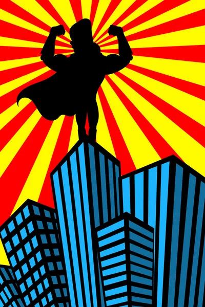 超高層ビル街を見ての上に彼の筋肉を示すスーパー ヒーロー男のシルエット — ストックベクタ