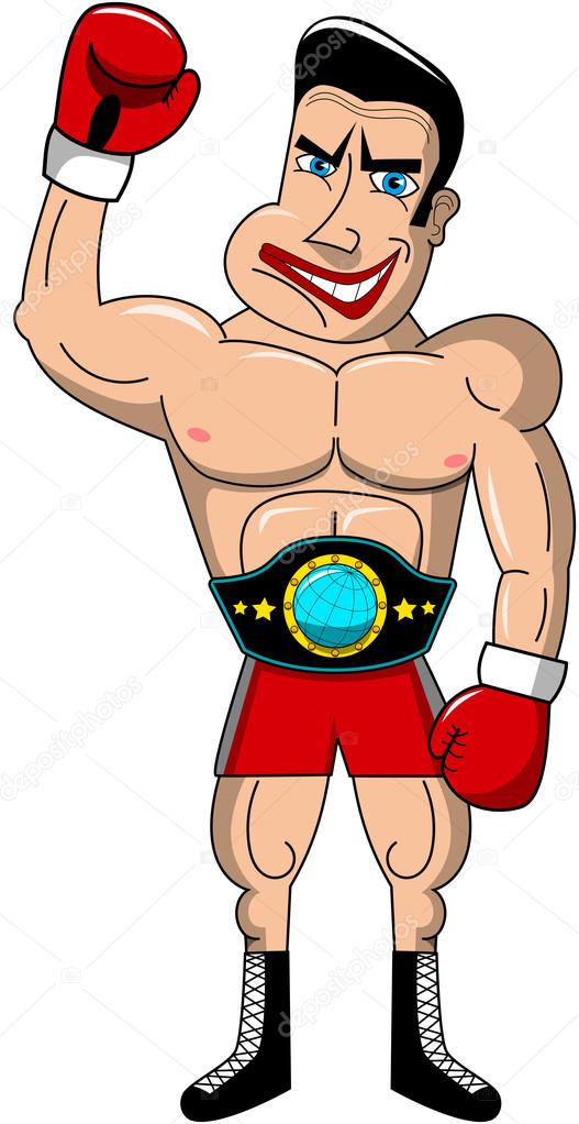Angry boxer wearing championship belt and exulting isolated