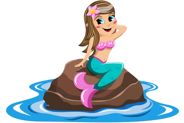 Little Mermaid sitting on the rock in the sea isolated — Stock Vector