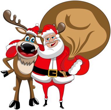 Karikatür komik Ren geyiği ve santa claus izole sarılma