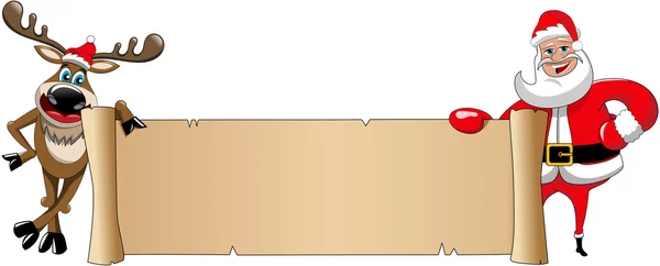 Renar och santa claus bakom gamla pergament isolerade — Stock vektor