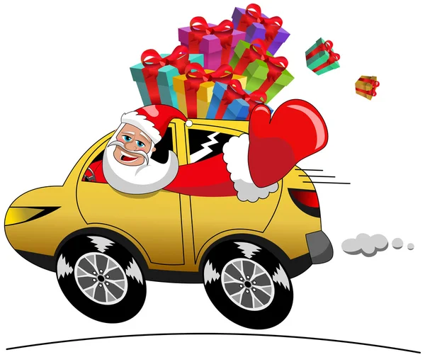 Happy Santa Claus in hurry driving car full of xmas gift isolated — Stock Vector