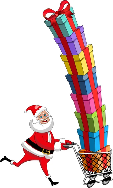 Santa Claus uitgevoerd en duwen kar vol geschenken geïsoleerd — Stockvector