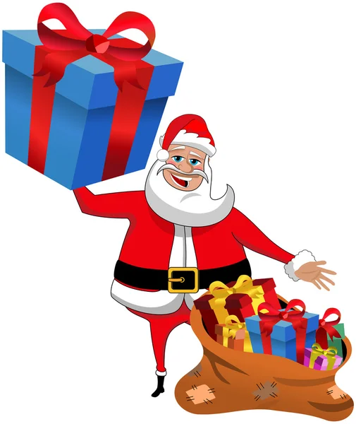 Santa Claus dibujos animados celebración de regalo envuelto grande mostrando saco lleno de regalos aislados — Vector de stock