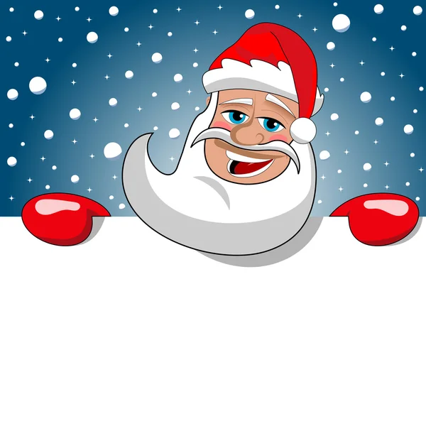 Noel Baba çizgi film boş beyaz billboard işareti mavi yıldızlı kar yağıyordu gökyüzü karşı arkasında — Stok Vektör