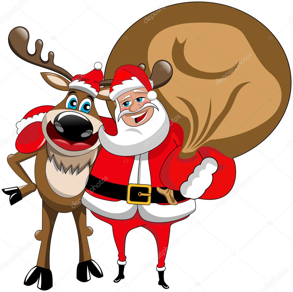 Cartoon funny reindeer and santa claus hugging isolated — Stock Vector ...