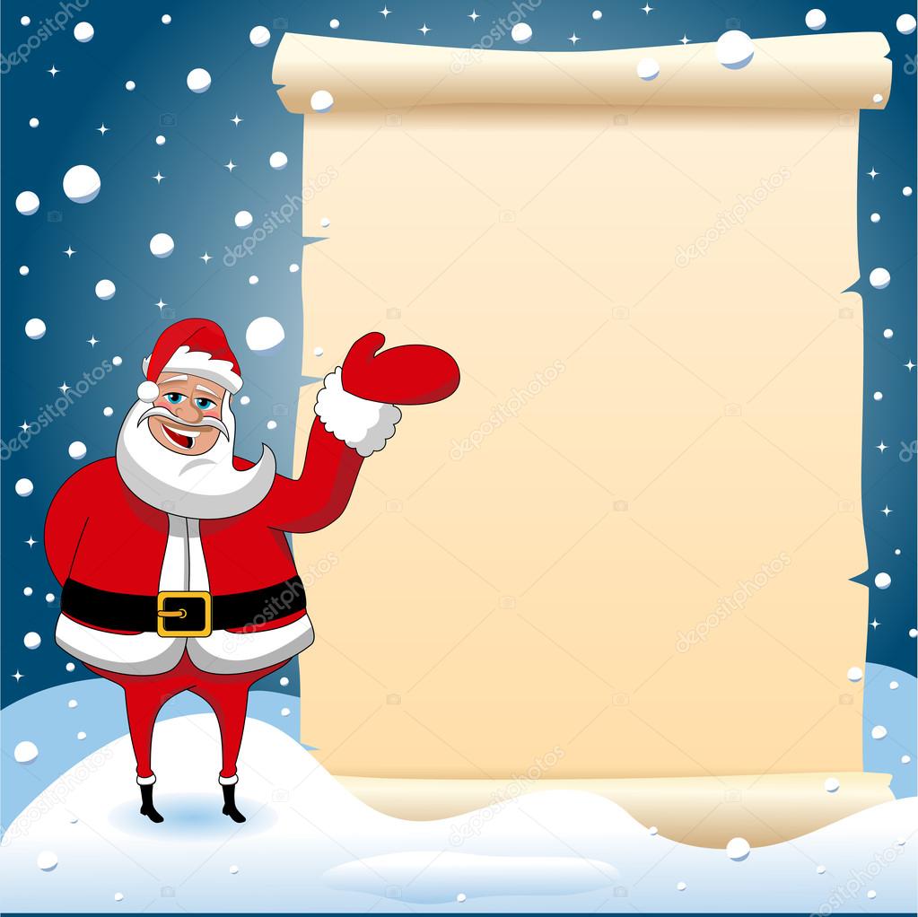 Santa claus cartoon presenting blank parchment against snowy background