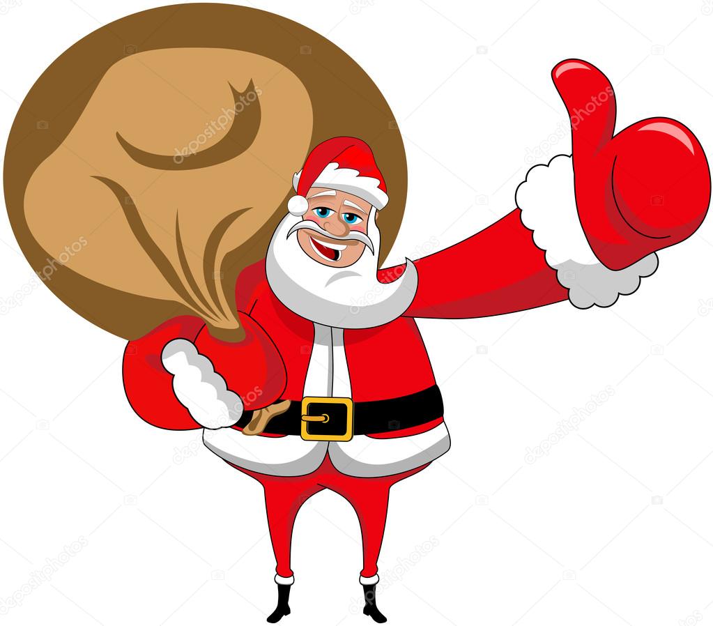 Santa Claus with big sack and thumb up isolated