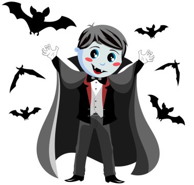 izole yarasalar uçan tarafından çevreleyen bir korkutucu poz içinde komik vampir çocuk