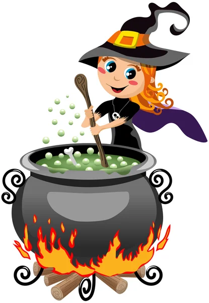 Cute halloween witch preparing potion in the calderon isolated — Stock Vector