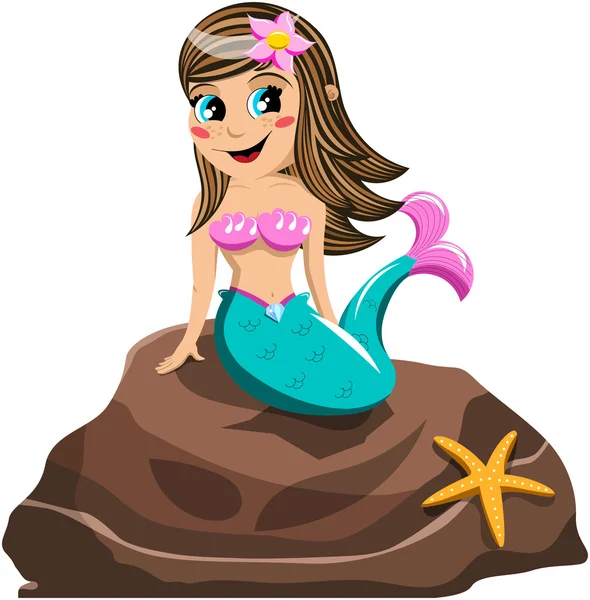 Smiling Little Mermaid sitting on the rock isolated — Stock Vector