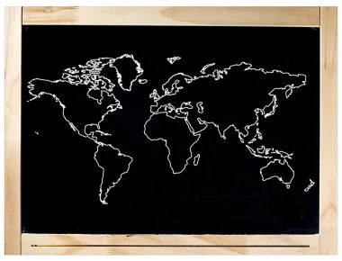 Ahşap çerçeve izole ile yazı tahtası Beyaz tebeşir ile dünya harita