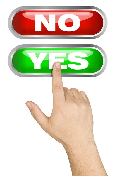 Hand made a choice pushing big green yes button isolated — Stock Photo, Image