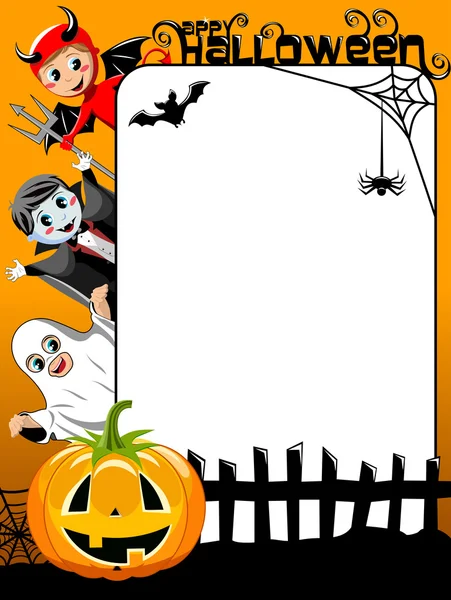 Vertikala Halloween ram med barnen i kostym pumpa bat och spider — Stock vektor